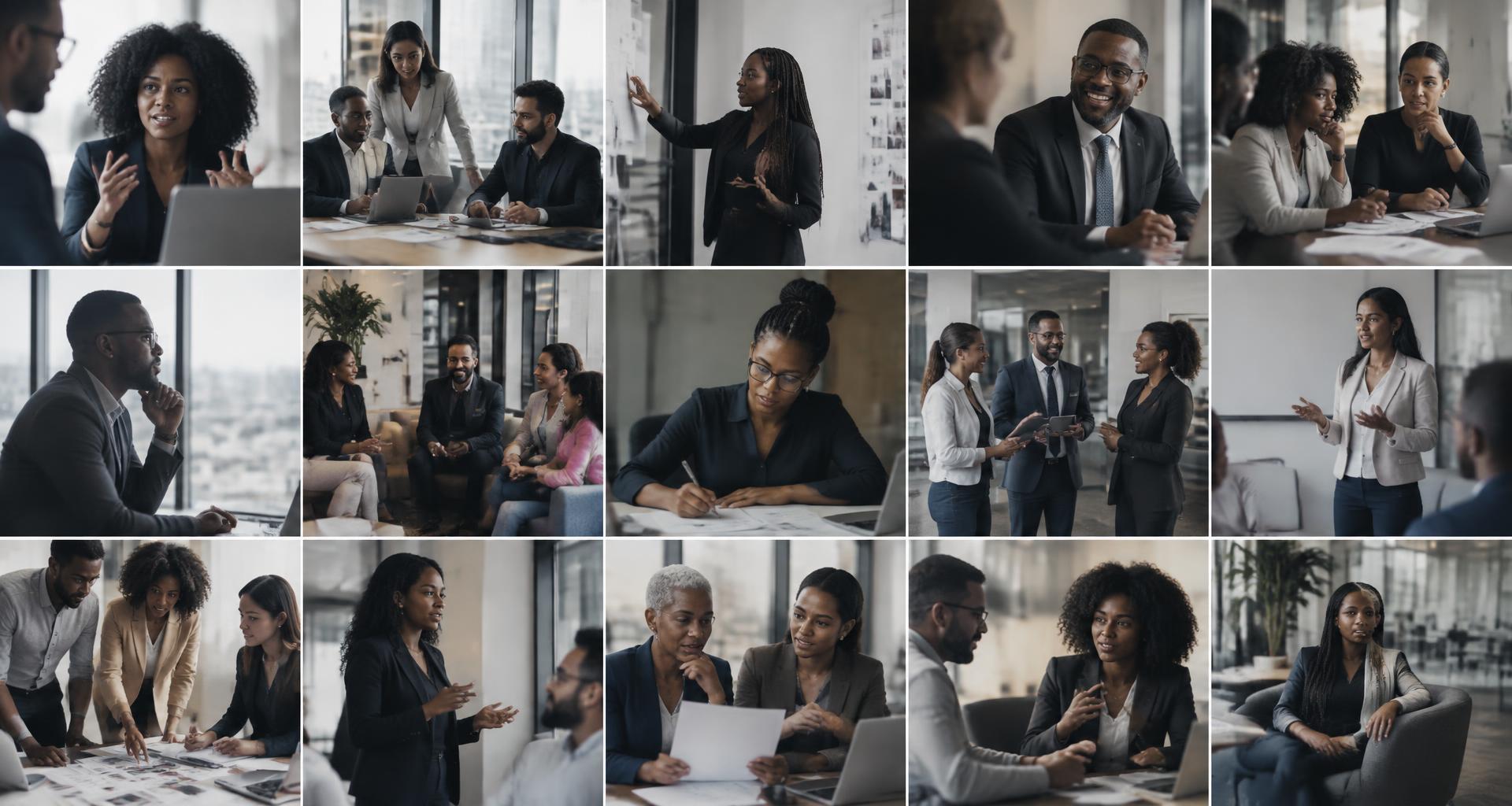 Illustrative collage of professionals collaborating in offices
