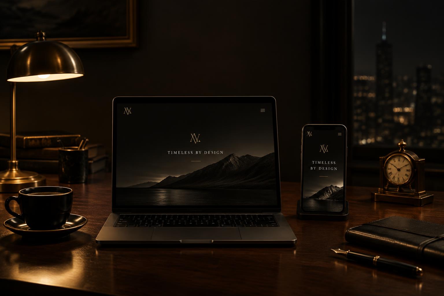 A luxury brand website open on a laptop and phone in a lamplit study