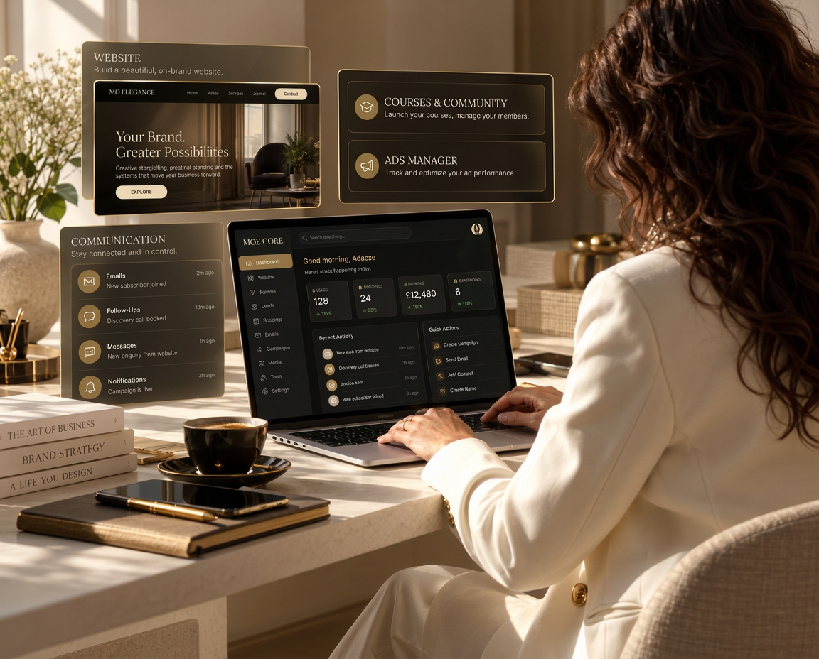 A founder at her desk with the MOE CORE platform open on the laptop and panels for website, funnel and communication beside it