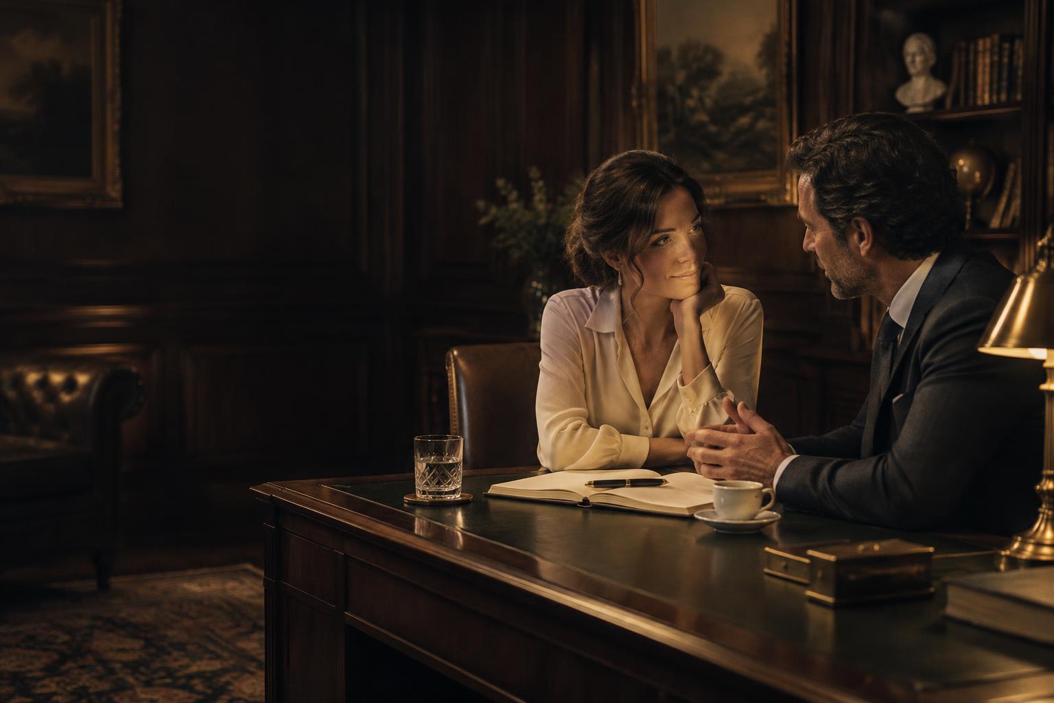 Two people in warm conversation across a lamplit desk in a private study