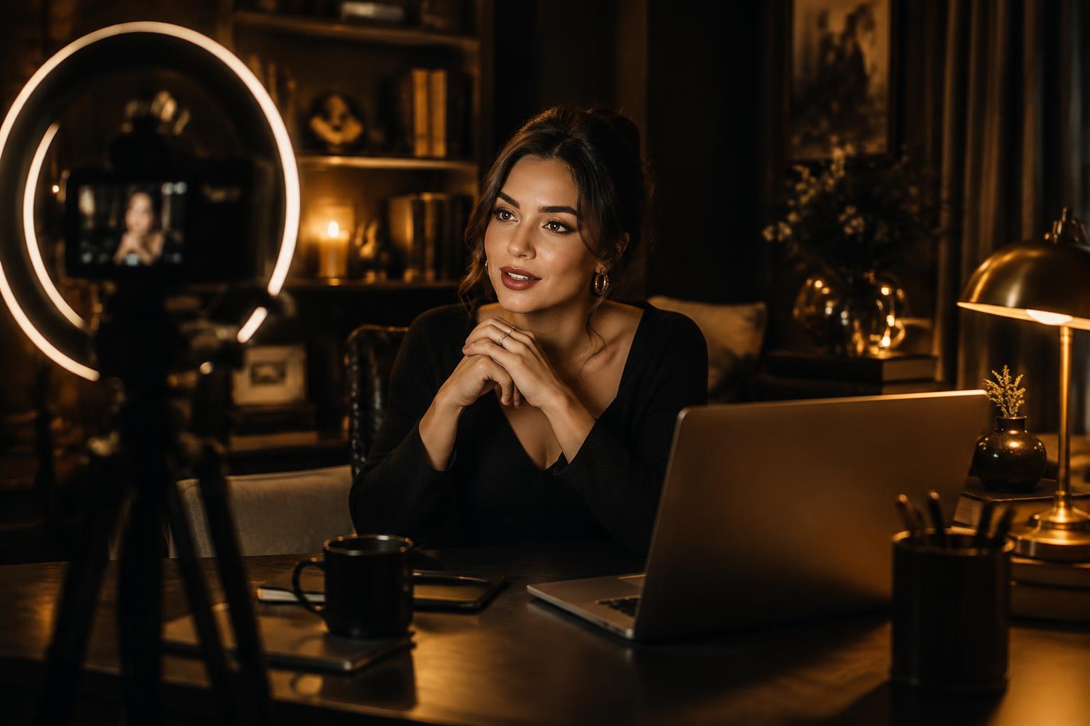 A creator going live in a warm lamplit study